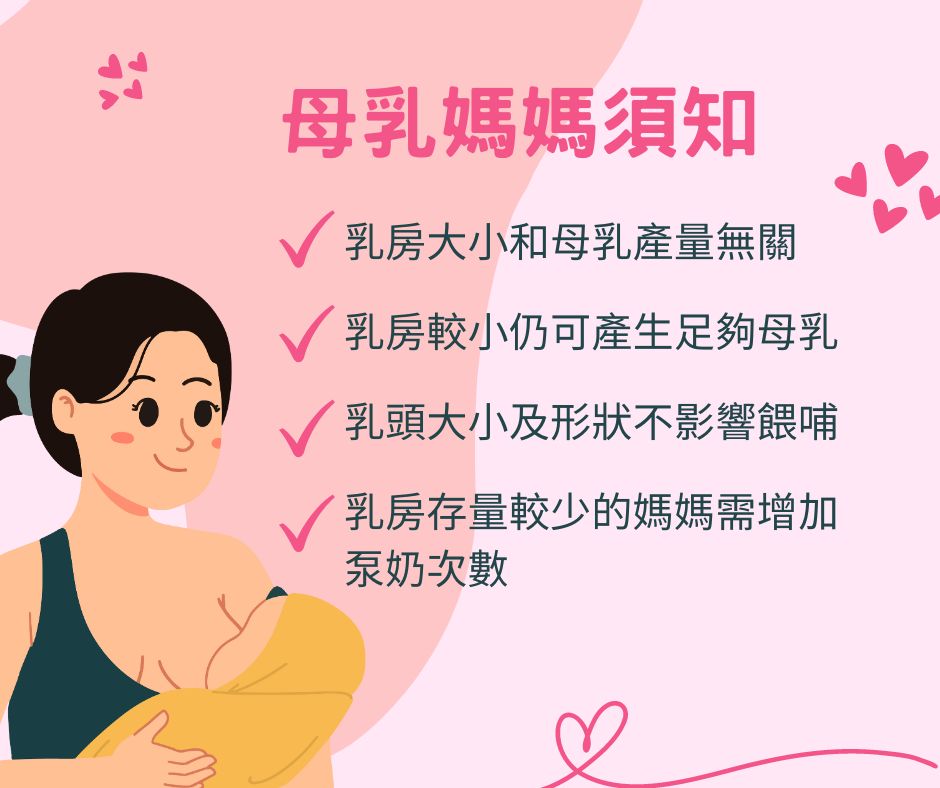 母乳媽媽須知﹕乳房大小和母乳產量無關、乳房較少仍可產生足夠母乳、乳頭大小和形狀于影響餵哺、乳房存量較少的媽媽需增加泵奶次數